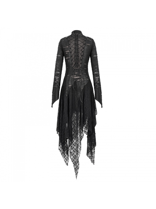 Punk Style Hollow Hole Knit Stitching Irregular Lace Mesh Hem Black Trumpet Sleeve Dress