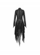 Punk Style Hollow Hole Knit Stitching Irregular Lace Mesh Hem Black Trumpet Sleeve Dress