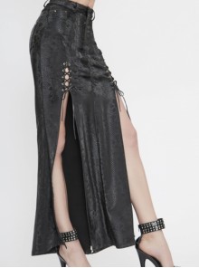 Punk Style Sexy Snakeskin Leather Side Adjustable Slit Lace Up Black Long Skirt