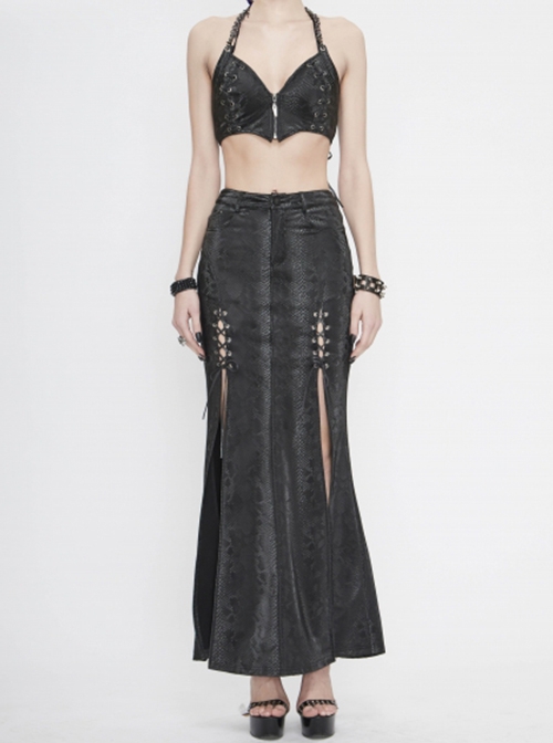 Punk Style Sexy Snakeskin Leather Side Adjustable Slit Lace Up Black Long Skirt