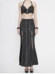 Punk Style Sexy Snakeskin Leather Side Adjustable Slit Lace Up Black Long Skirt