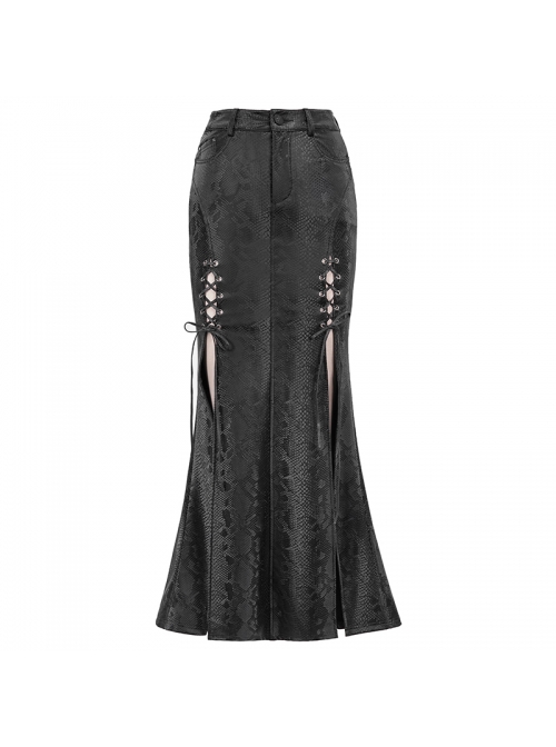 Punk Style Sexy Snakeskin Leather Side Adjustable Slit Lace Up Black Long Skirt