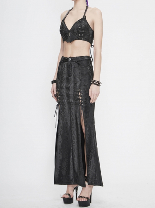 Punk Style Sexy Snakeskin Leather Side Adjustable Slit Lace Up Black Long Skirt