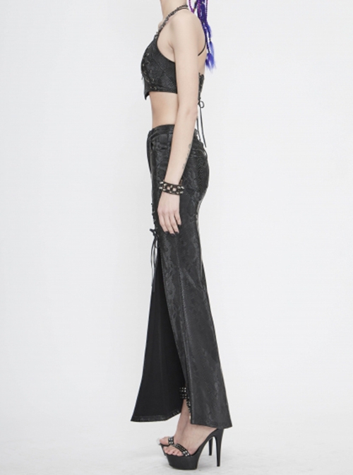 Punk Style Sexy Snakeskin Leather Side Adjustable Slit Lace Up Black Long Skirt