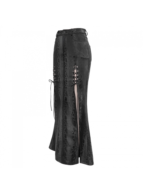 Punk Style Sexy Snakeskin Leather Side Adjustable Slit Lace Up Black Long Skirt