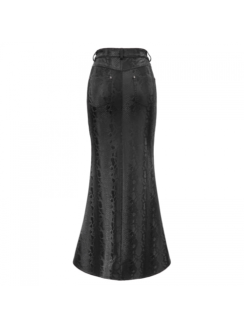 Punk Style Sexy Snakeskin Leather Side Adjustable Slit Lace Up Black Long Skirt