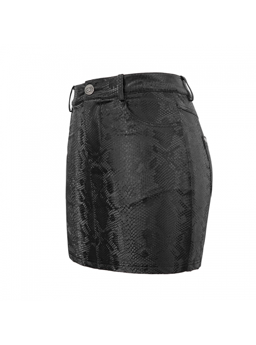 Punk Style Sexy Snakeskin Leather Splicing Mesh Side Metal Ring Decorated Black Tight Skirt