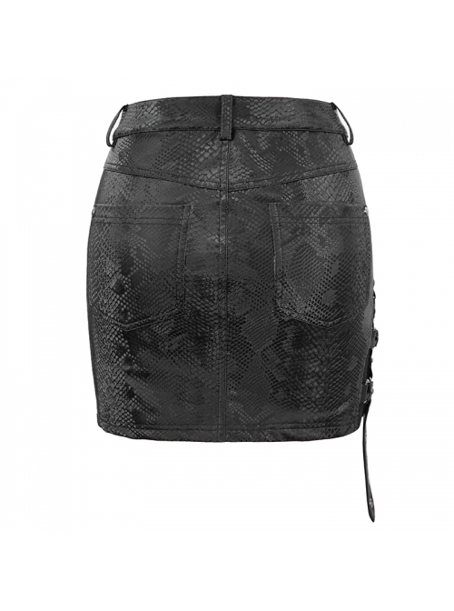 Punk Style Sexy Snakeskin Leather Splicing Mesh Side Metal Ring Decorated Black Tight Skirt