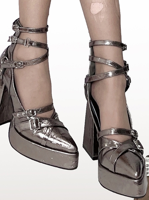 Gunsmoke Rose Series Cool Metallic Feel Punk Gothic Lolita Straps Pointed Toe Waterproof Platform Chunky High Heel