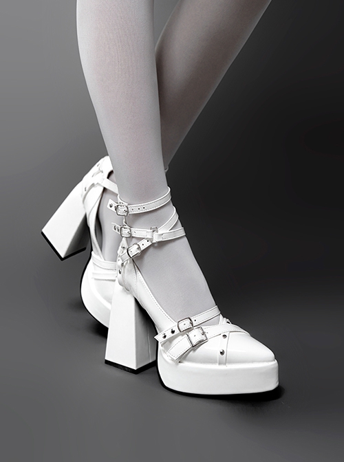 Gunsmoke Rose Series Cool Metallic Feel Punk Gothic Lolita Straps Pointed Toe Waterproof Platform Chunky High Heel