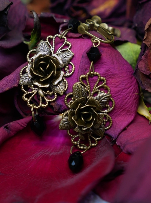 Rose Majesty Series Metallic Crystal Elegant Noble Handmade Gothic Lolita 3D Flower Earrings