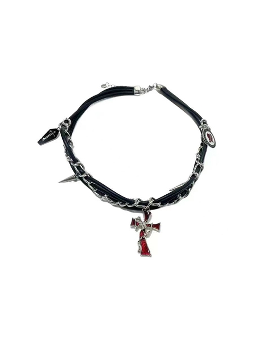 Y2K Irregular Cross Pendant Riveted Chain Wrapped Leather Dark Punk Lolita Choker Necklace