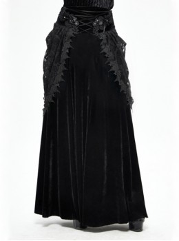 Gothic Style Exquisite Velvet Side Lace Applique Mesh With Fringe Black Mid Waist Maxi Skirt