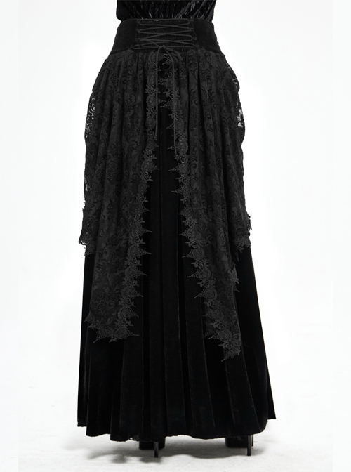 Gothic Style Exquisite Velvet Side Lace Applique Mesh With Fringe Black Mid Waist Maxi Skirt