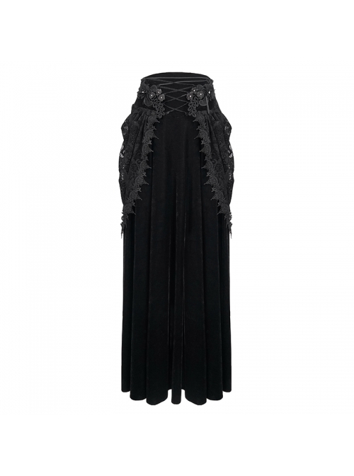 Gothic Style Exquisite Velvet Side Lace Applique Mesh With Fringe Black Mid Waist Maxi Skirt