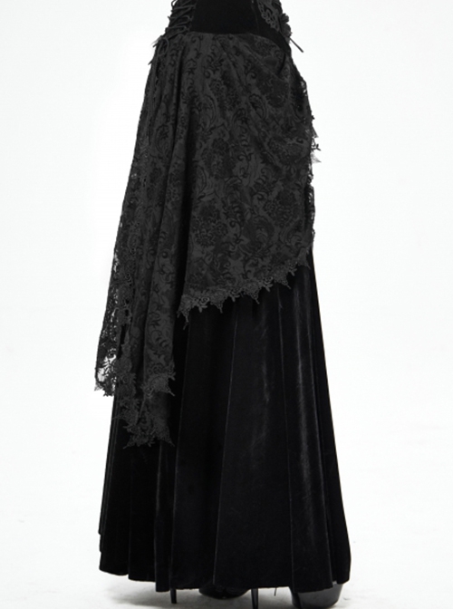 Gothic Style Exquisite Velvet Side Lace Applique Mesh With Fringe Black Mid Waist Maxi Skirt