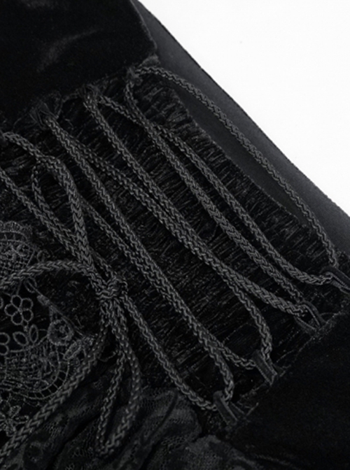 Gothic Style Exquisite Velvet Side Lace Applique Mesh With Fringe Black Mid Waist Maxi Skirt