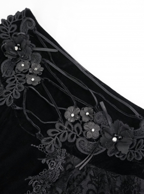 Gothic Style Exquisite Velvet Side Lace Applique Mesh With Fringe Black Mid Waist Maxi Skirt