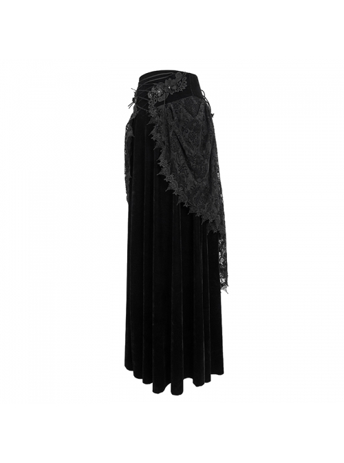 Gothic Style Exquisite Velvet Side Lace Applique Mesh With Fringe Black Mid Waist Maxi Skirt