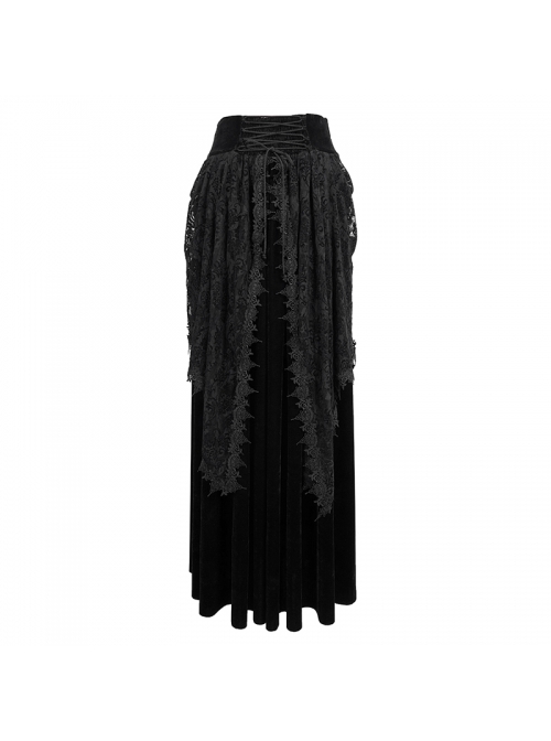 Gothic Style Exquisite Velvet Side Lace Applique Mesh With Fringe Black Mid Waist Maxi Skirt