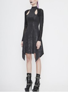 Punk Style Hollow Crack Knit Stitching Flocking Print Mesh Black High Collar Long Sleeve Dress