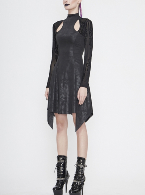 Punk Style Hollow Crack Knit Stitching Flocking Print Mesh Black High Collar Long Sleeve Dress