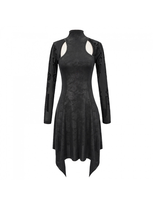 Punk Style Hollow Crack Knit Stitching Flocking Print Mesh Black High Collar Long Sleeve Dress