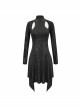 Punk Style Hollow Crack Knit Stitching Flocking Print Mesh Black High Collar Long Sleeve Dress