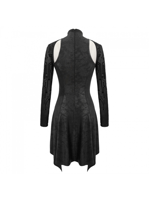 Punk Style Hollow Crack Knit Stitching Flocking Print Mesh Black High Collar Long Sleeve Dress