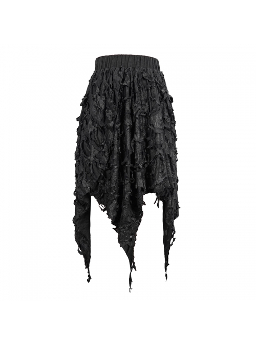 Punk Style Tattered Elastic Double-Layer Pleated Knit With Irregular Spiked Black Long Skirt