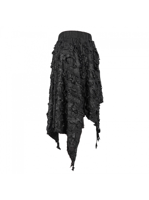 Punk Style Tattered Elastic Double-Layer Pleated Knit With Irregular Spiked Black Long Skirt