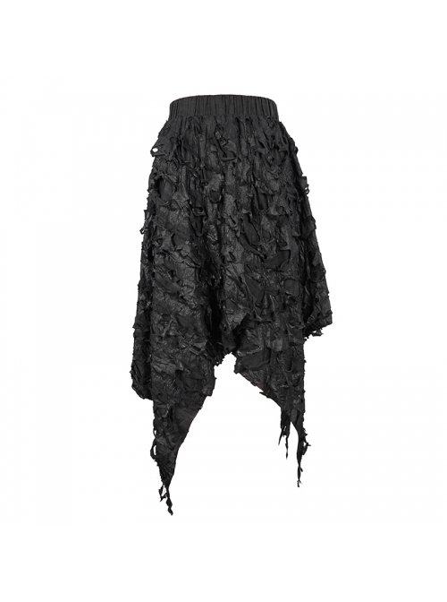 Punk Style Tattered Elastic Double-Layer Pleated Knit With Irregular Spiked Black Long Skirt