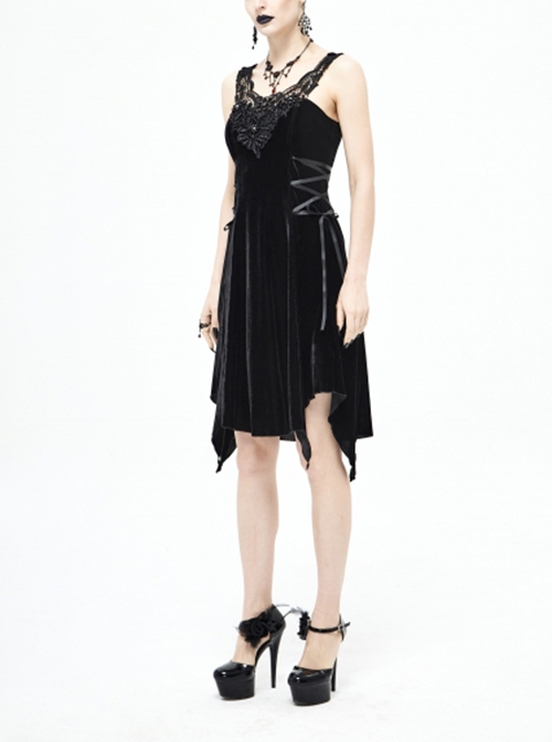 Punk Style Sexy Board Building Hollow Velvet 3d Three Dimensional Beads With Irregular Spiked Hem Black Sleeveless Dress