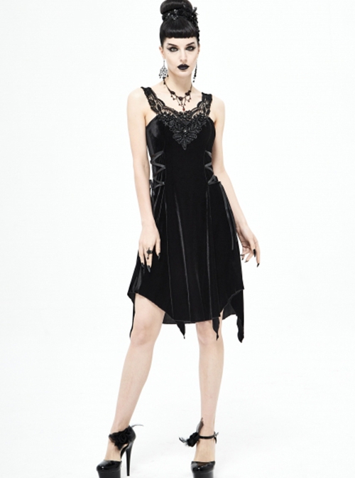 Punk Style Sexy Board Building Hollow Velvet 3d Three Dimensional Beads With Irregular Spiked Hem Black Sleeveless Dress