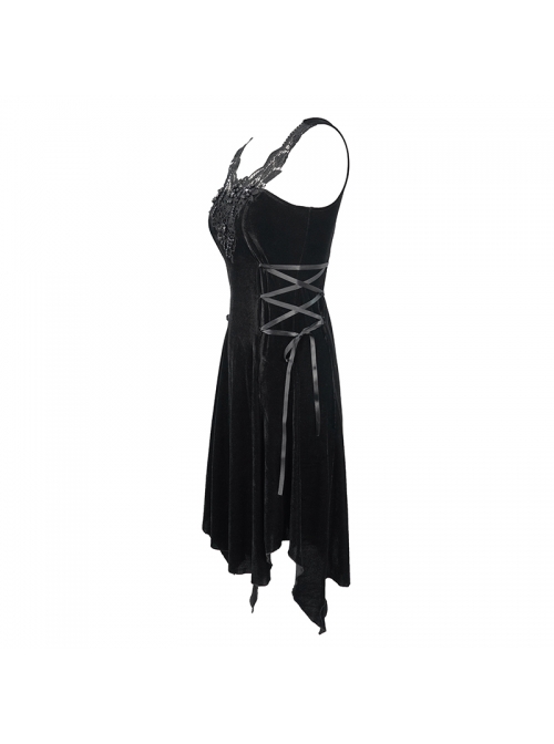 Punk Style Sexy Board Building Hollow Velvet 3d Three Dimensional Beads With Irregular Spiked Hem Black Sleeveless Dress