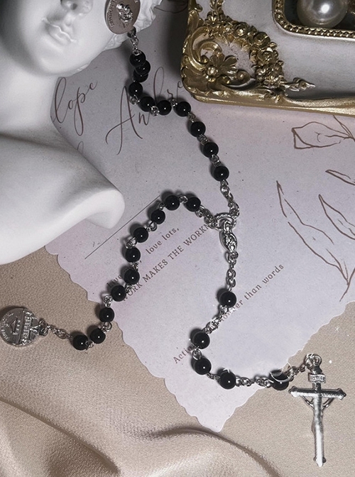 Holy Cross Series Pearl Beads String Sweater Chain Punk Y2K Vintage Cross Pendant Gothic Lolita Long Necklace