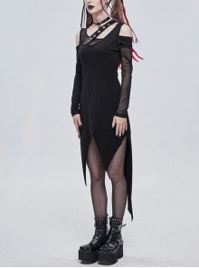 Punk Style Personalized Knitted Splicing Asymmetric Mesh Front Chest Metal Skull Decoration Black Daily Long Sleeved Dress