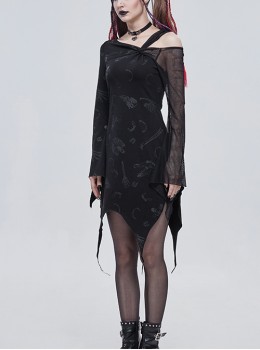 Gothic Style Skull Print Knitted Fabric With Asymmetric Mesh Stitching Long Sleeve Black Daily Off Shoulder Dress