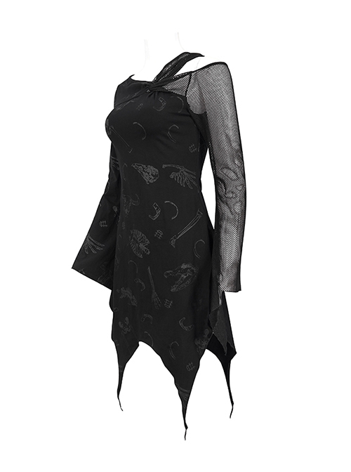 Gothic Style Skull Print Knitted Fabric With Asymmetric Mesh Stitching Long Sleeve Black Daily Off Shoulder Dress