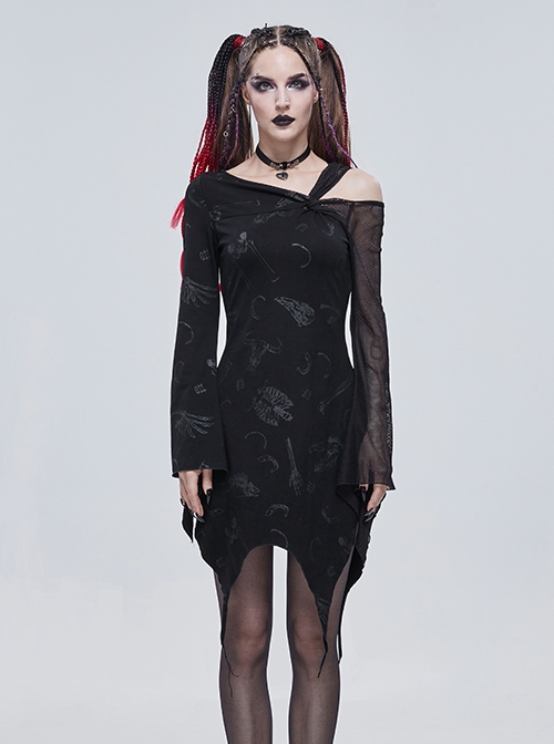 Gothic Style Skull Print Knitted Fabric With Asymmetric Mesh Stitching Long Sleeve Black Daily Off Shoulder Dress