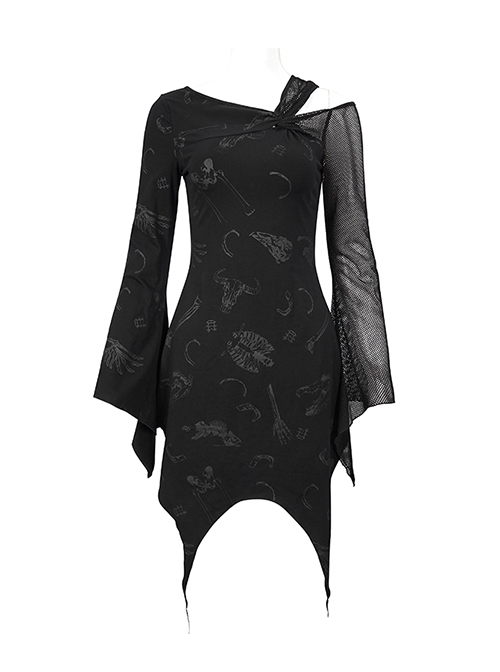 Gothic Style Skull Print Knitted Fabric With Asymmetric Mesh Stitching Long Sleeve Black Daily Off Shoulder Dress