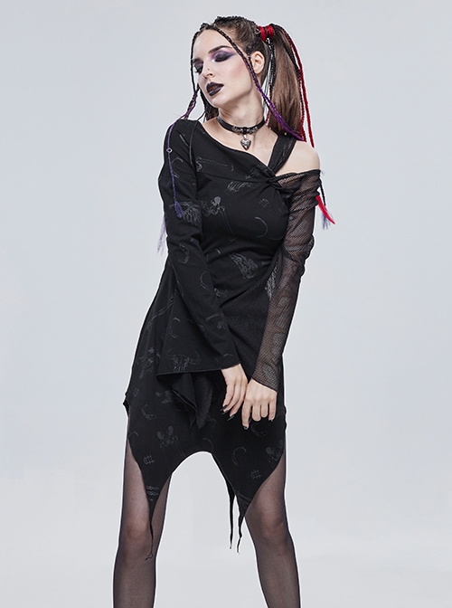 Gothic Style Skull Print Knitted Fabric With Asymmetric Mesh Stitching Long Sleeve Black Daily Off Shoulder Dress