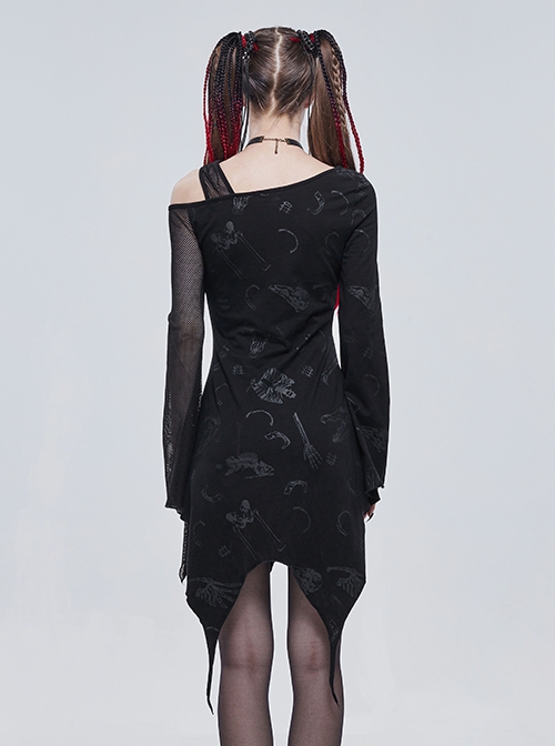 Gothic Style Skull Print Knitted Fabric With Asymmetric Mesh Stitching Long Sleeve Black Daily Off Shoulder Dress