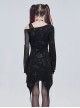 Gothic Style Skull Print Knitted Fabric With Asymmetric Mesh Stitching Long Sleeve Black Daily Off Shoulder Dress