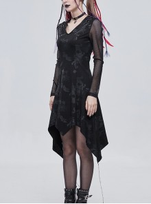 Gothic Style Torn Print Pattern Shoulder Hollow Stitching Mesh Long Sleeve Black V Neck Slit Dress