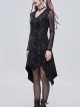 Gothic Style Torn Print Pattern Shoulder Hollow Stitching Mesh Long Sleeve Black V Neck Slit Dress