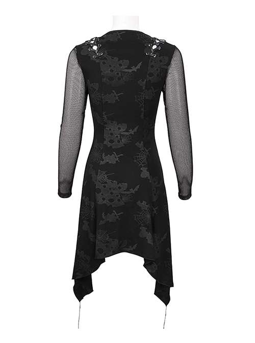 Gothic Style Torn Print Pattern Shoulder Hollow Stitching Mesh Long Sleeve Black V Neck Slit Dress