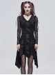 Gothic Style Torn Print Pattern Shoulder Hollow Stitching Mesh Long Sleeve Black V Neck Slit Dress