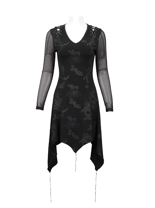 Gothic Style Torn Print Pattern Shoulder Hollow Stitching Mesh Long Sleeve Black V Neck Slit Dress