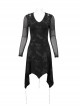 Gothic Style Torn Print Pattern Shoulder Hollow Stitching Mesh Long Sleeve Black V Neck Slit Dress